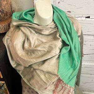 100% SILK Elegant Green and Beige Women's Scarf W/ Beautiful Peach Tassel Fringe